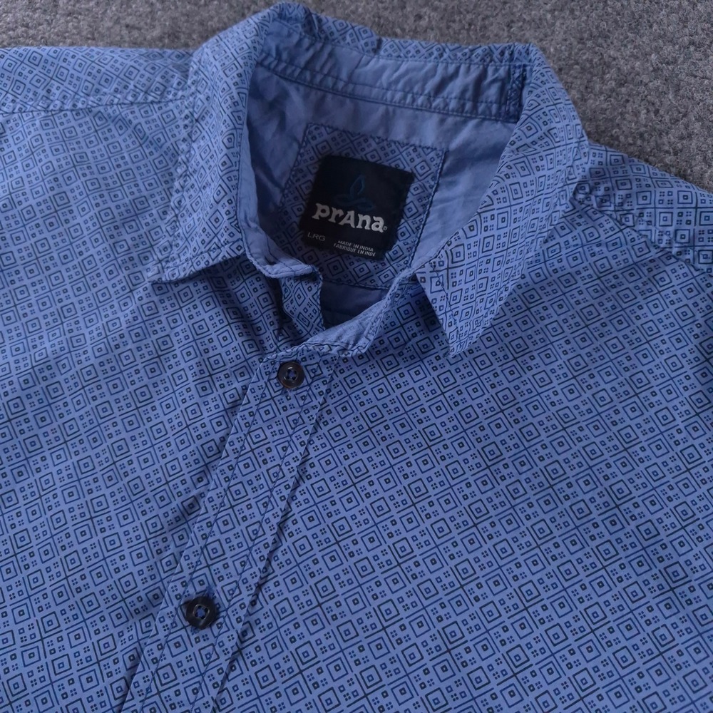 Prana Mens Large Blue Organic Cotton Geometric Diamond Print Short Sleeve Shirt